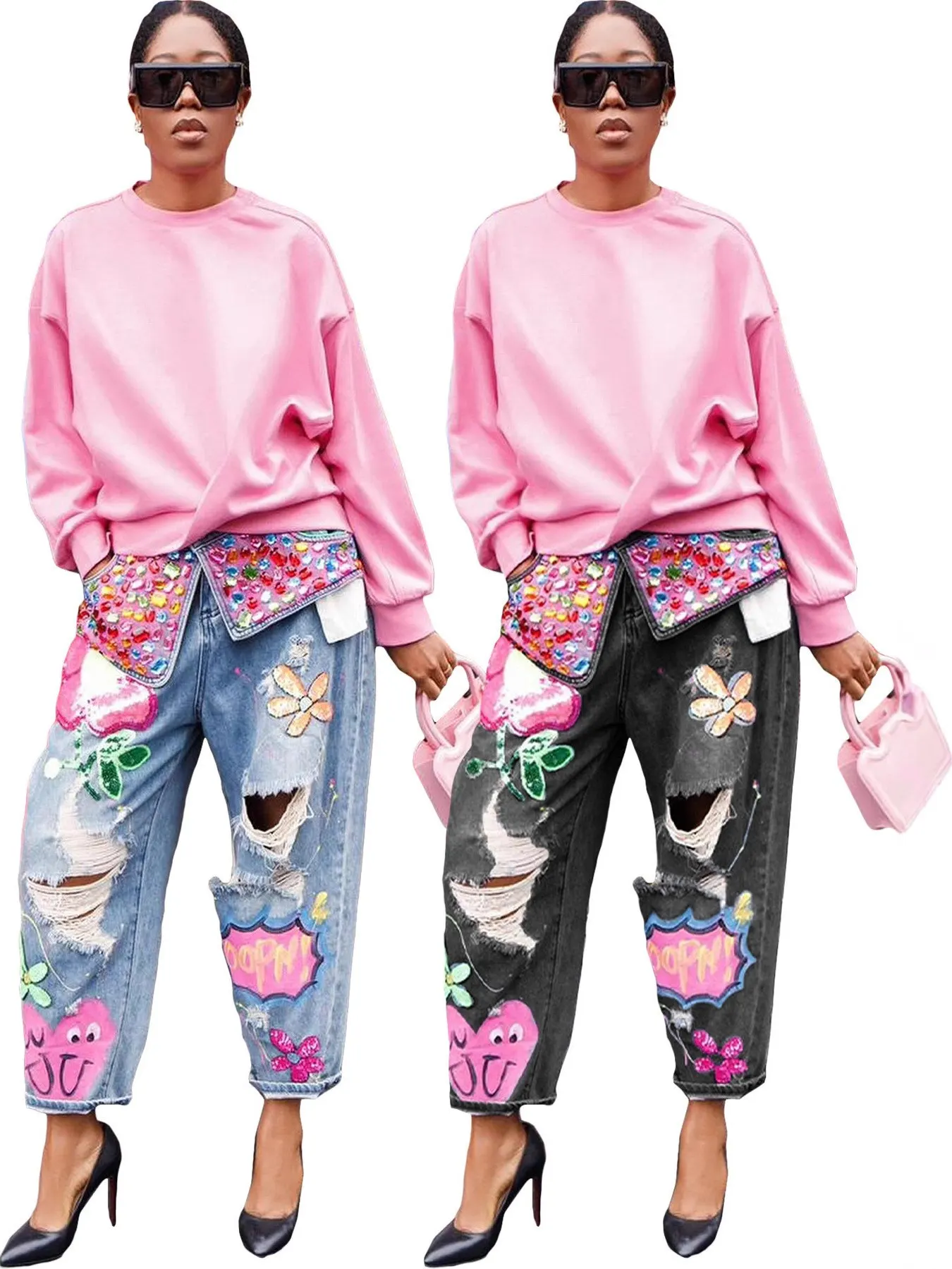 

Fashionable Slim Fit Printed Cut Jeans Women's Stylish Distressed Denim Pants European Style Natural Waist Straight Leg Jeans