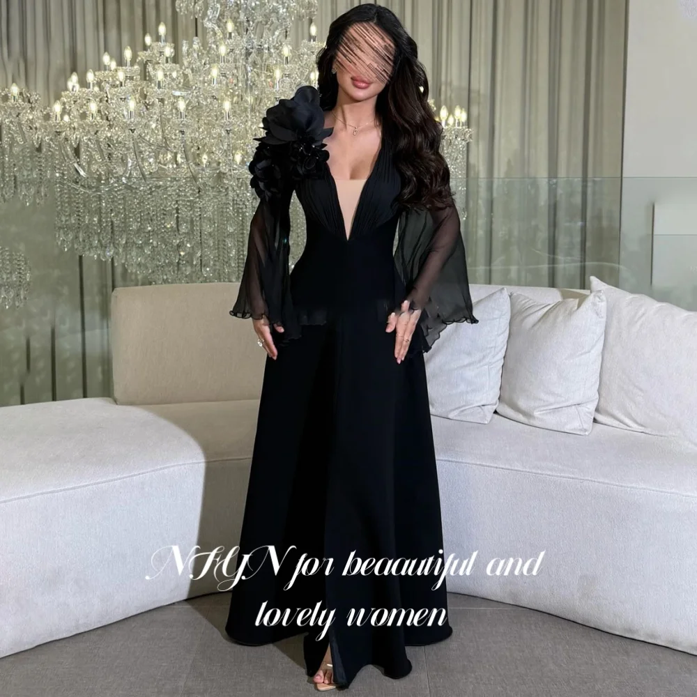 

NFYN Black Flowers Evening Dresses V Neck Party Dresses for Wedding Pleat Long Puffy Sleeves Special Occasion Dress Customized