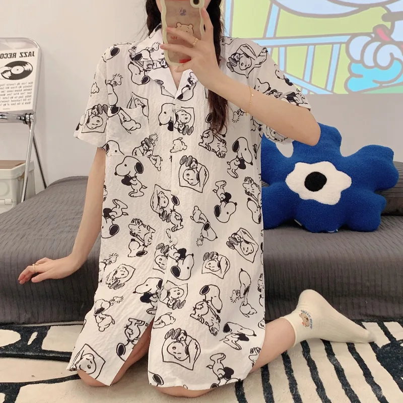 2024 Snoopy Nightgowns for Women Summer Long Shirt Sleepwear Cute Girls Pajamas Thin Home Costumes Pjs Casual T-shirt Gifts