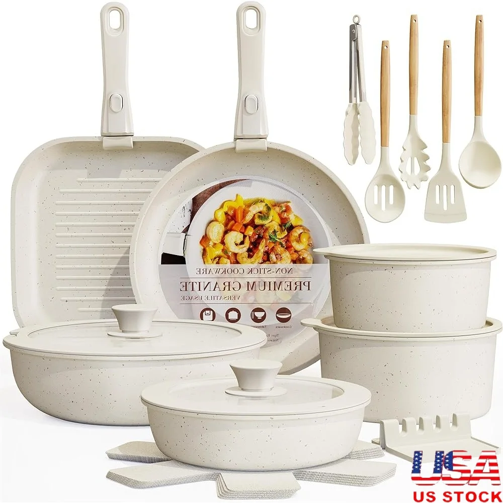 

23 Pcs Non Stick Cookware Set Detachable Handle Ceramic Pots Pans Set Oven Safe Induction Gas Heat Resistant Kitchen Cooking