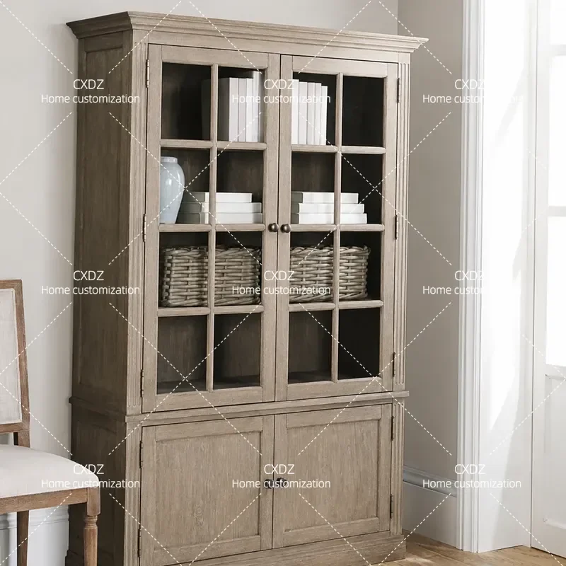 American Rural Solid Wood Retro Bookcase Living Room Dining Room Floor Double Door Side Cabinet Wine Storage Display Shelf