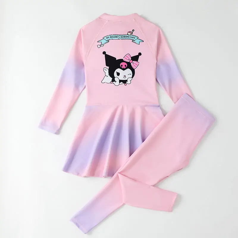 Anime Minha Melodia Kuromi Kids Swimwear Set, Calças de Manga Comprida, Protetor Solar, Fofo Cinnamoroll Swimsuit, Roupa de Banho Secagem Rápida, Presente Meninas