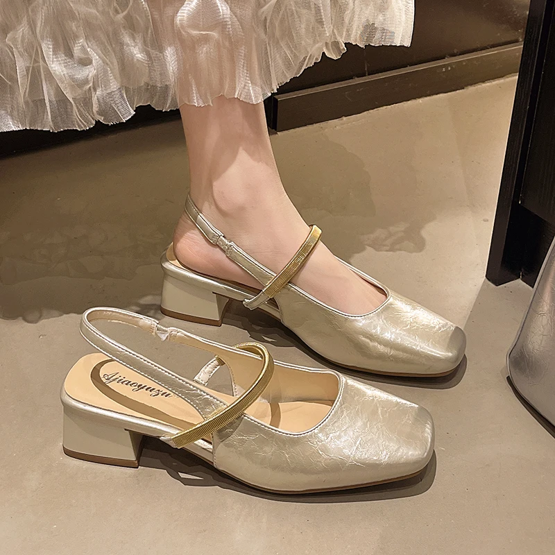 

French Block Heel Back Empty One Word Strap Single Shoes Women 2026 New Spring Square Toe Wrapped Toe Sandals
