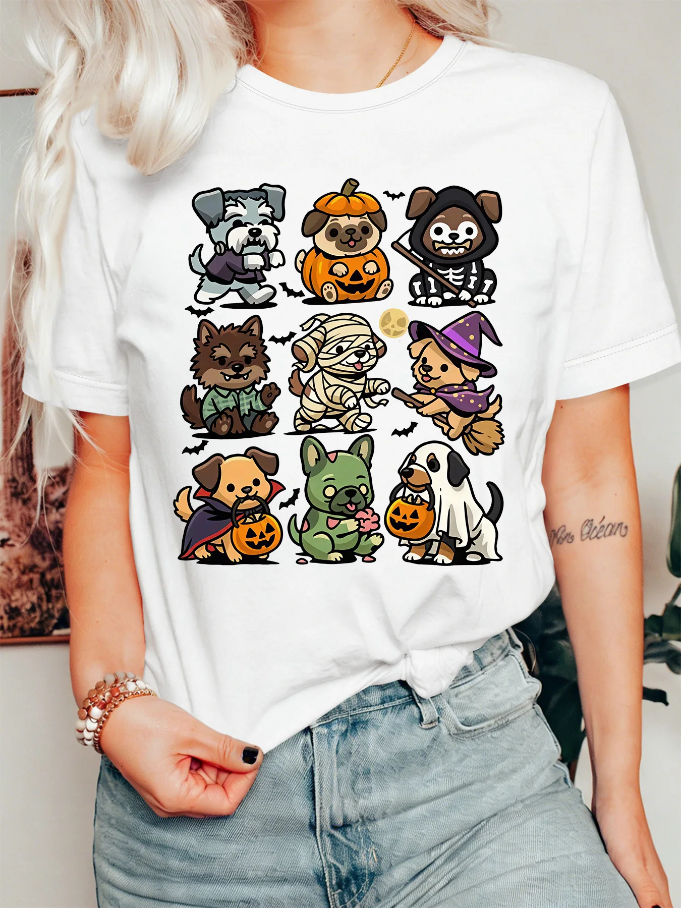 Halloween Dog Womens T Shirt Cute Puppy Spooky Cosplay Pumpkin Bat Graphic Print Short Sleeve O Neck Casual Party Fall Tops