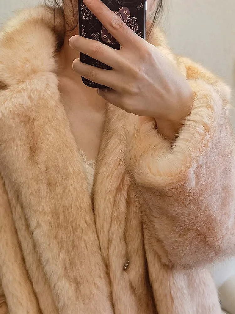 HIGH QUALITY Winter Lapel Hairy Shaggy Faux Fur Stay Warm Jacket Vintage Diamond Buttons Coat Furry Mid Long Outerwear