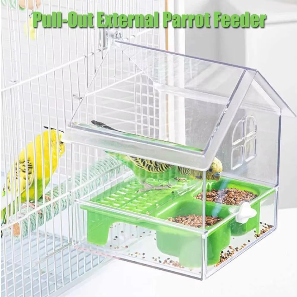 

Prevent Scattering Hanging Parrot Feeder Transparent Pull-Out External Bird Feeding Bowl Multi-function Plastic Bird Cage Feeder