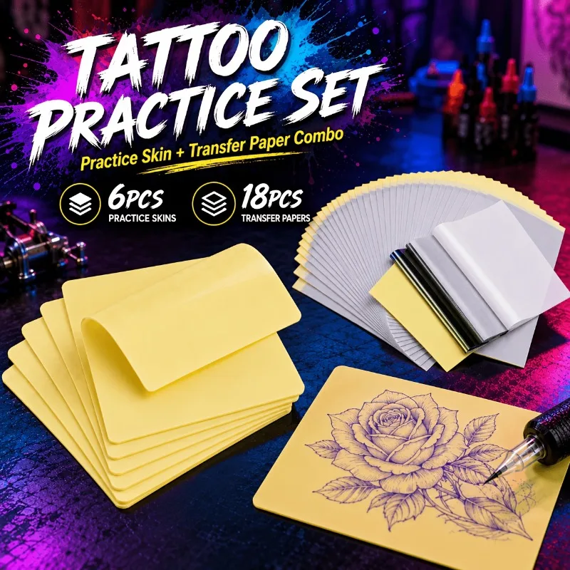 Tattoo Practice Kit 24PCS 6 8x6in Skins 18 A4 Transfer Paper for Beginners Pros Lining Shading Body Art Supplies