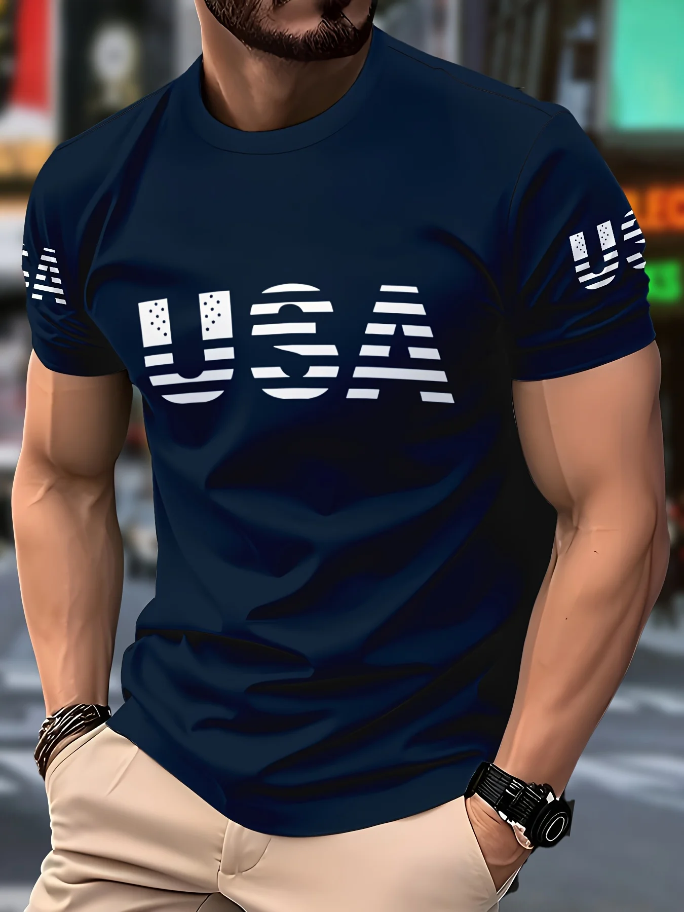 New High-quality Men's Daily Round Neck Top Sports Casual T-shirt USA English Letter Pattern Casual Comfortable Top