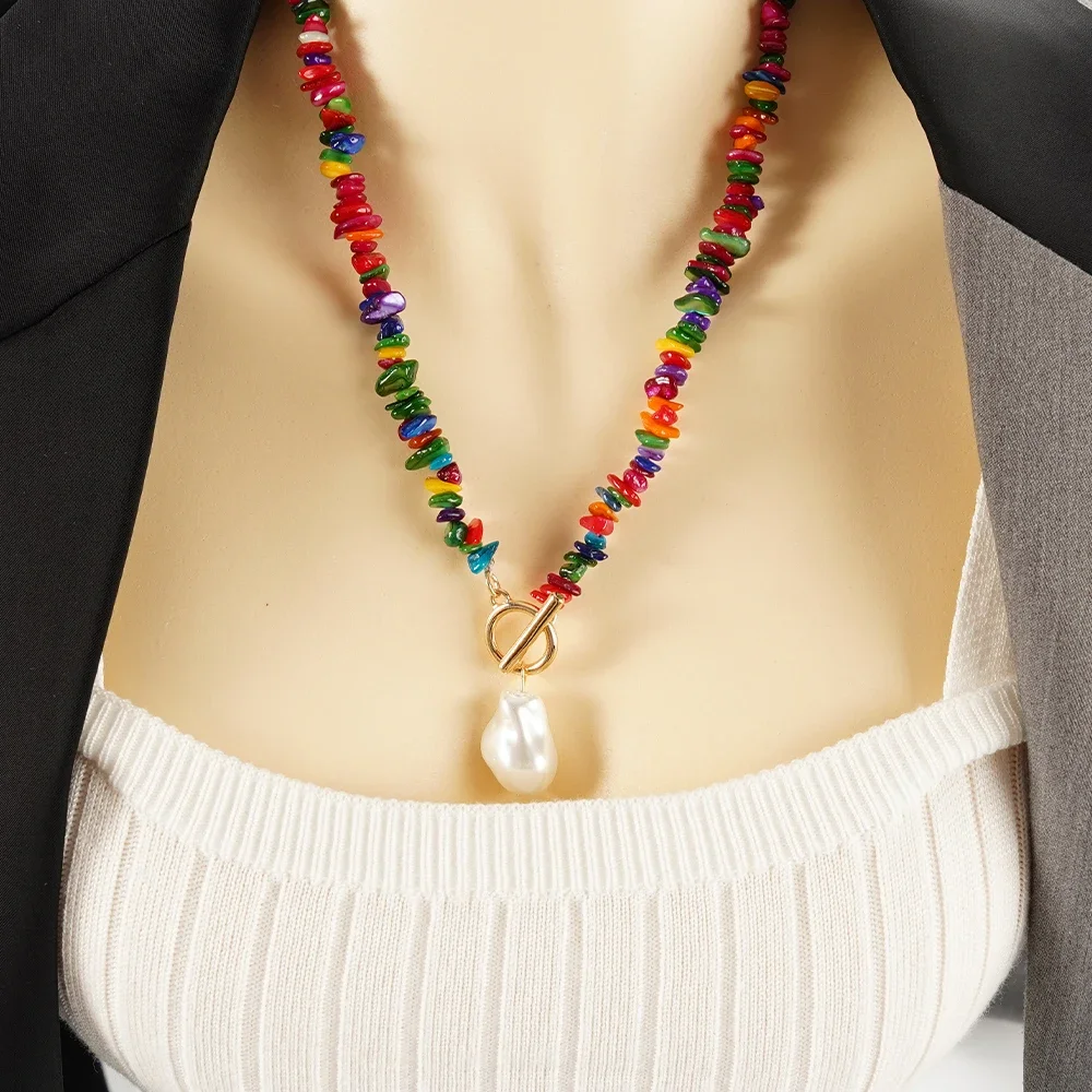 

Vintage Multicolor Charm Necklace Irregular Pearl Pendant Bohemian Style Necklace Fashion All-around