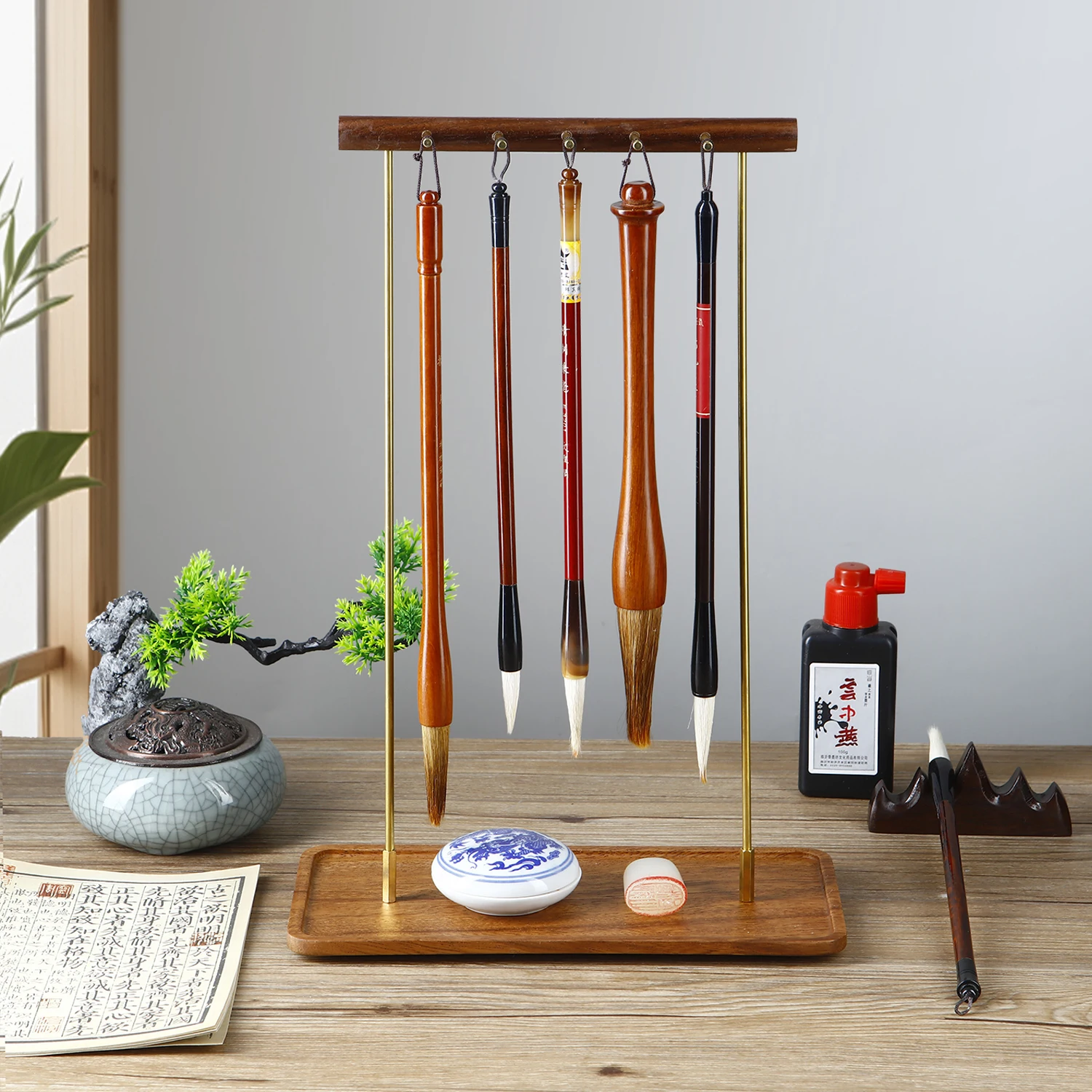 

Walnut Chinese Brush Pen Holder with Walnut Base Wooden Calligraphy Rest Ink Hanger 5 Needles Writing Brush Holder