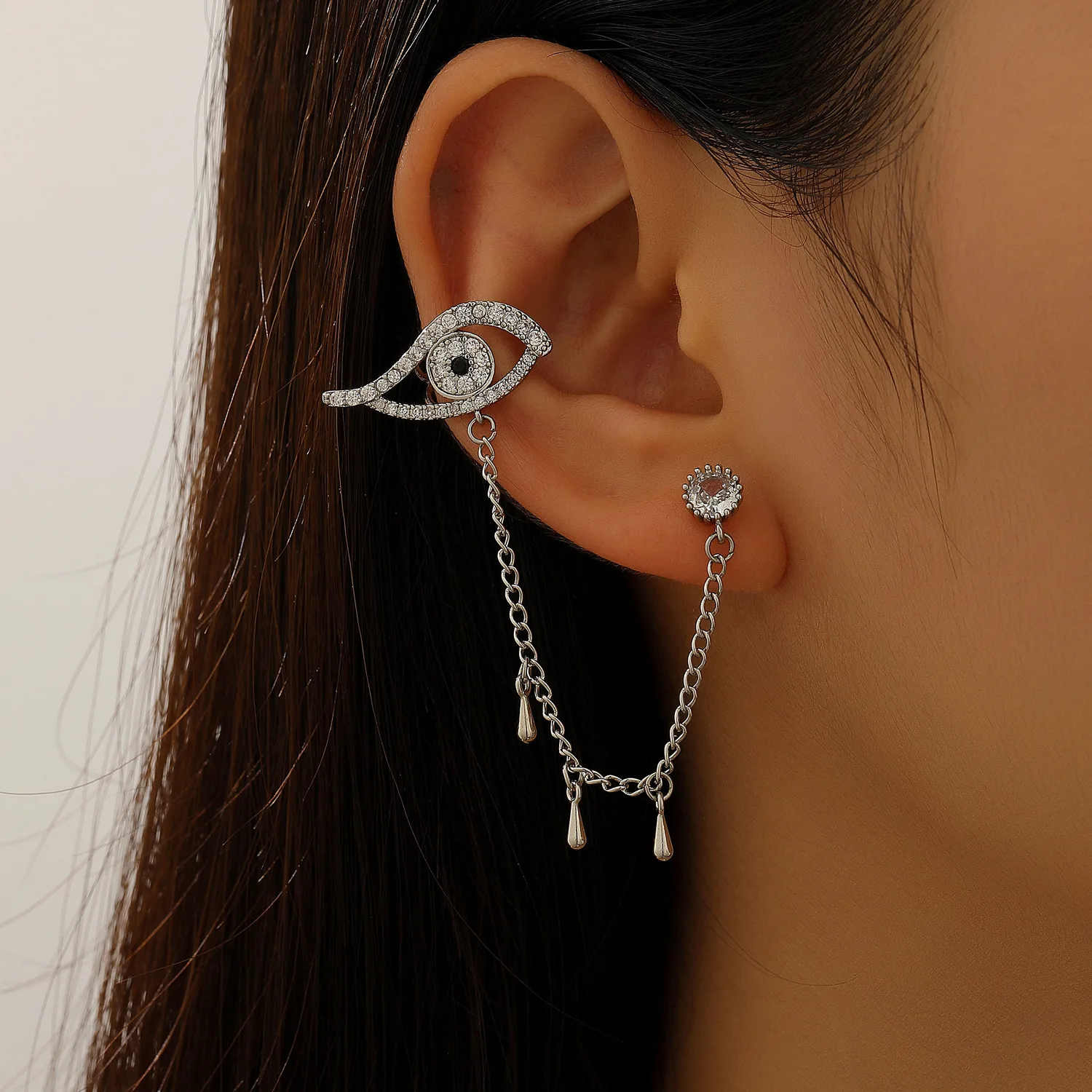 Evil Eye Ear Cuff with Drop Chain, No Piercing Ear Clip Earrings, Mystic Gothic Boho Layered Ear Jewelry Wholesale
