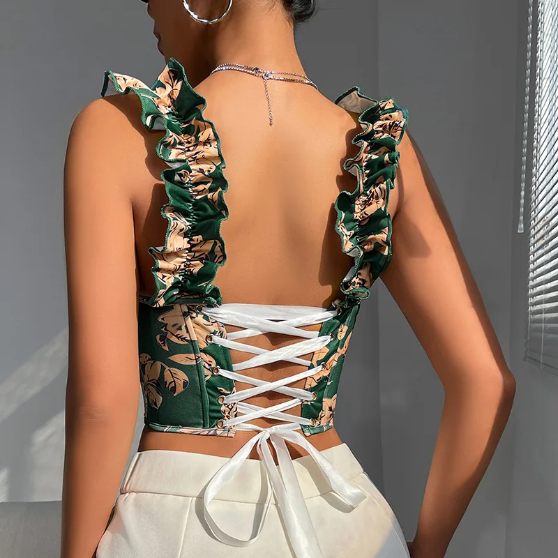 2025 NOVEDAD DE VERANO dulce Sexy cuello en V estampado deshuesado acolchado sin espalda Tie-Strap Slim Fit Top corto de mujer