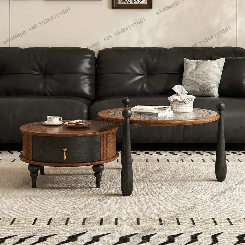 solid wood living room household small apartment tea table round telescopic small tea table combination