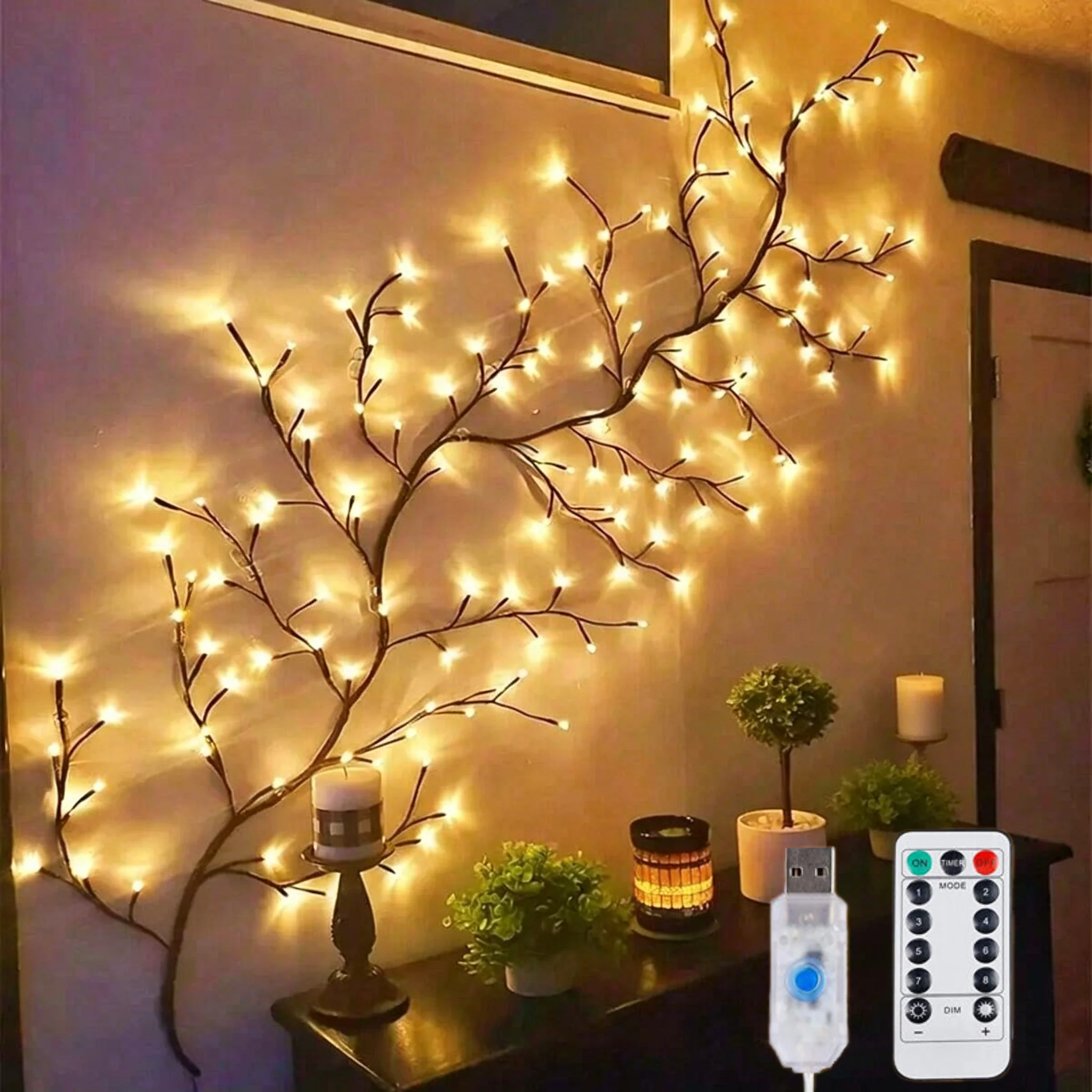 Luzes de Cordão LED 144 com Formato de Galho de Videira Artificial, USB, Flexíveis, para Decoração Interna DIY, Iluminação para Quarto, Parede e Festas