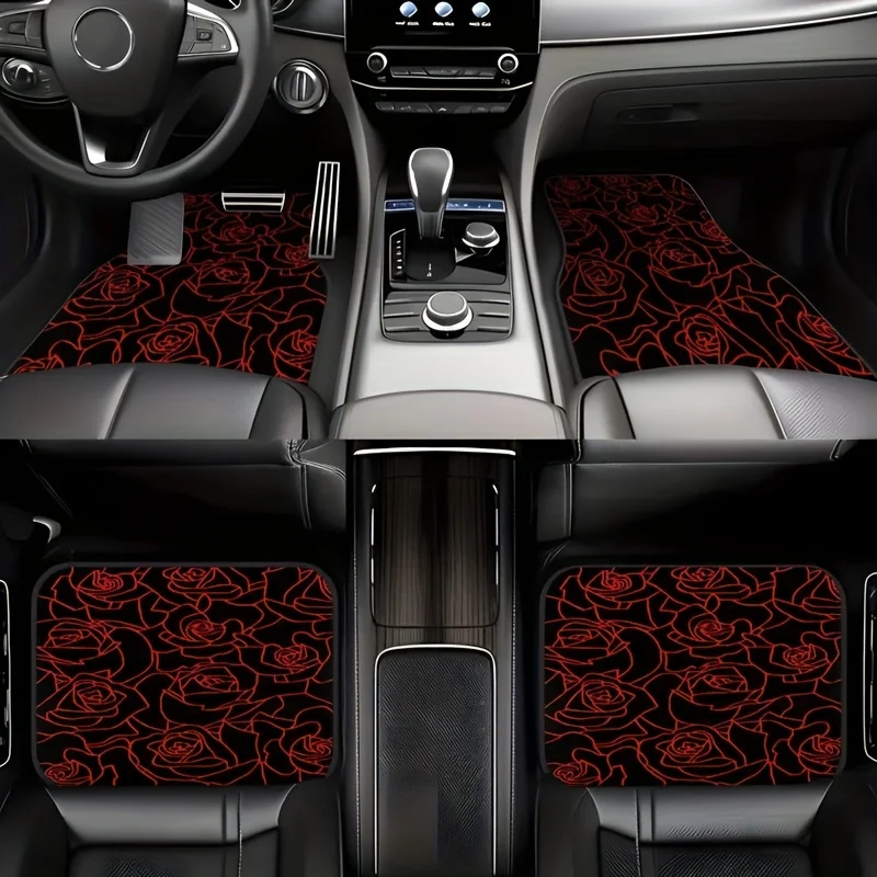 4pcs Set Of Romantic Red Rose Patterned Rubber Mats For Cars, Universal Non-Slip Carpets, Easy To Clean Interior Accessories, Ma