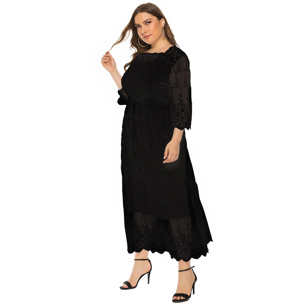 Plus Size Women's Dresses 2023 Summer New Lace Medium-sleeved Long Elegant Dresses Lar Size Female Casual Vacation Beach Dress