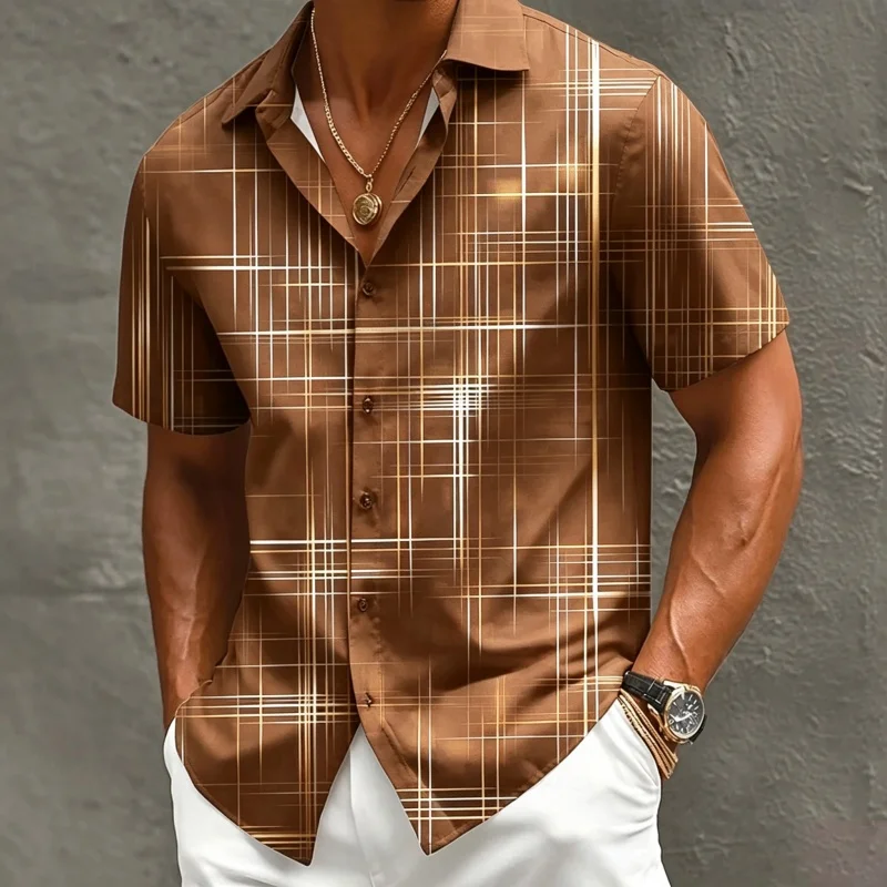 Men's shirt with navy blue plaid short sleeved shirt, lapel casual shirt, trendy vacation men's top, comfortable fabric