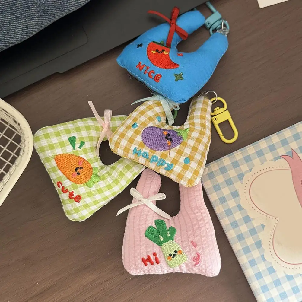 Vegetable Bag Keychain 1 or 2 Pcs Embroidery Vegetable Keychain Mini Plaid Grocery Bag Charm Purse Handbag Decoration