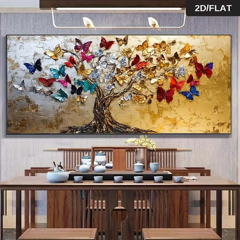 2D/FLAT Frameless Golden Tree Multicolor Butterflies Canvas Painting Wall Art Vibrant Abstract Trees Poster Print Large Decor