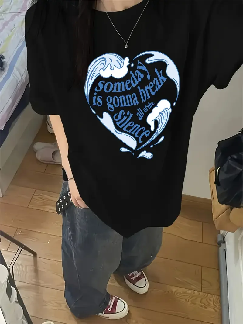 Women's White Oversized Shirt Sleeve Comfort T - shirt Heart -shaped someday it's gonna break all of the silence Y2k Clothes Tee