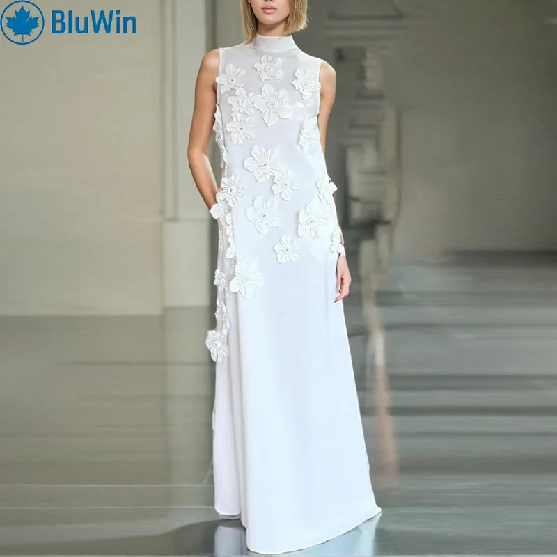 فستان BluWin 2025 طويل برقبة عالية بدون أكمام - مزين بالزهور ثلاثي الأبعاد، فستان طويل أنيق بلون موحد للنساء
