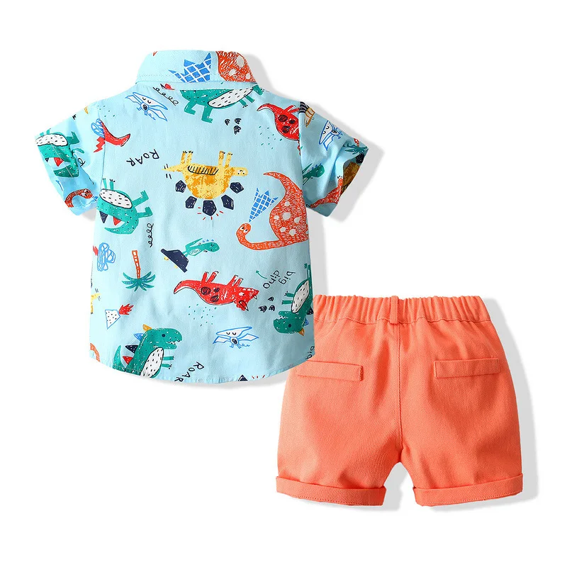 Kids Boy 2pcs Clothing Set Casual Animal Print Suit Bow Tie Short Sleeve Shirt S+Short 2pcs Suit Kids Clothes 5-6 Years