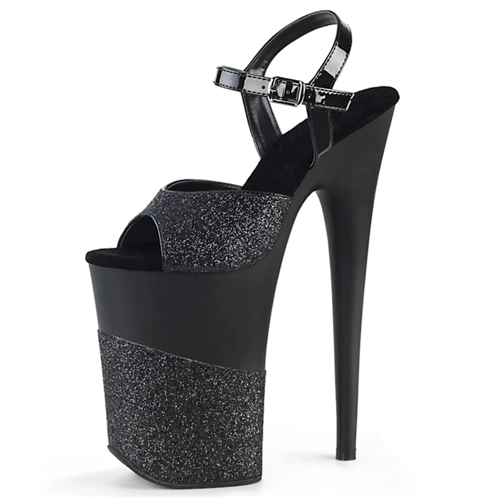 

23CM Sequin & Patent Sandals Silver Black, Glitter Platform Heels with Ankle Strap, Stage Performance Party Shoes​