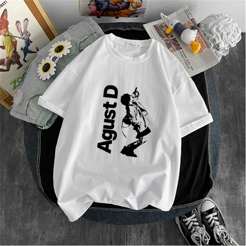 

Camiseta de manga corta con estampado de KPOP Agust D para mujer, camisa de poliéster, estética, nueva versión coreana, Verano