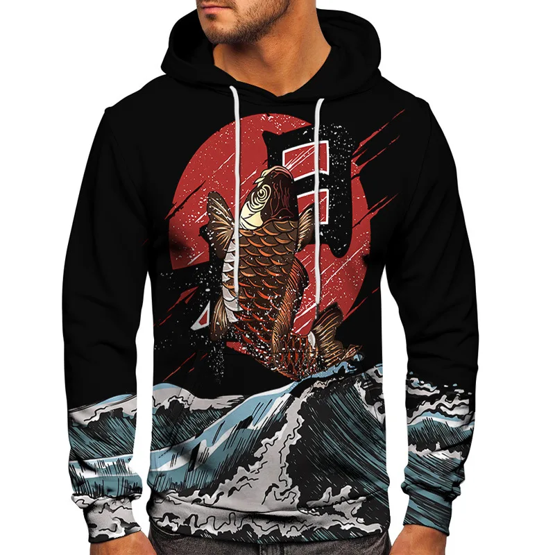 Men Japanese Style Hoodie Animal Shark Red White Fish Sea Wave 3D Print Pullover Clothing Male Hooded Sweatshirt Oversized S-6XL