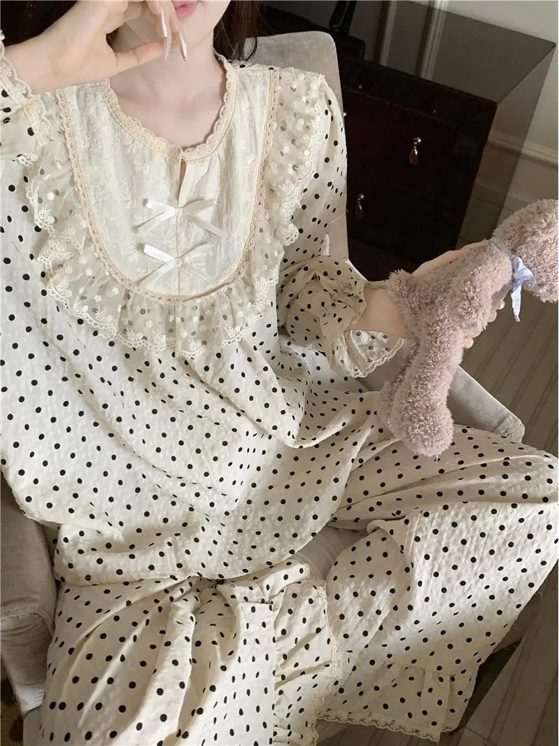 Court Style Sweet Lace Pijama Polka Dot Pajamas Women's Spring Autumn 2024 New Princess Sleepshirts Loungewear Set