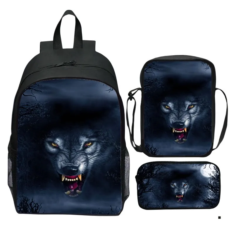 حقيبة ظهر مطبوعة على شكل سماء مرصعة بالنجوم من الكون مكونة من 3 قطع على شكل حيوان وولف أسد حقيبة كتف صغيرة حقيبة أقلام