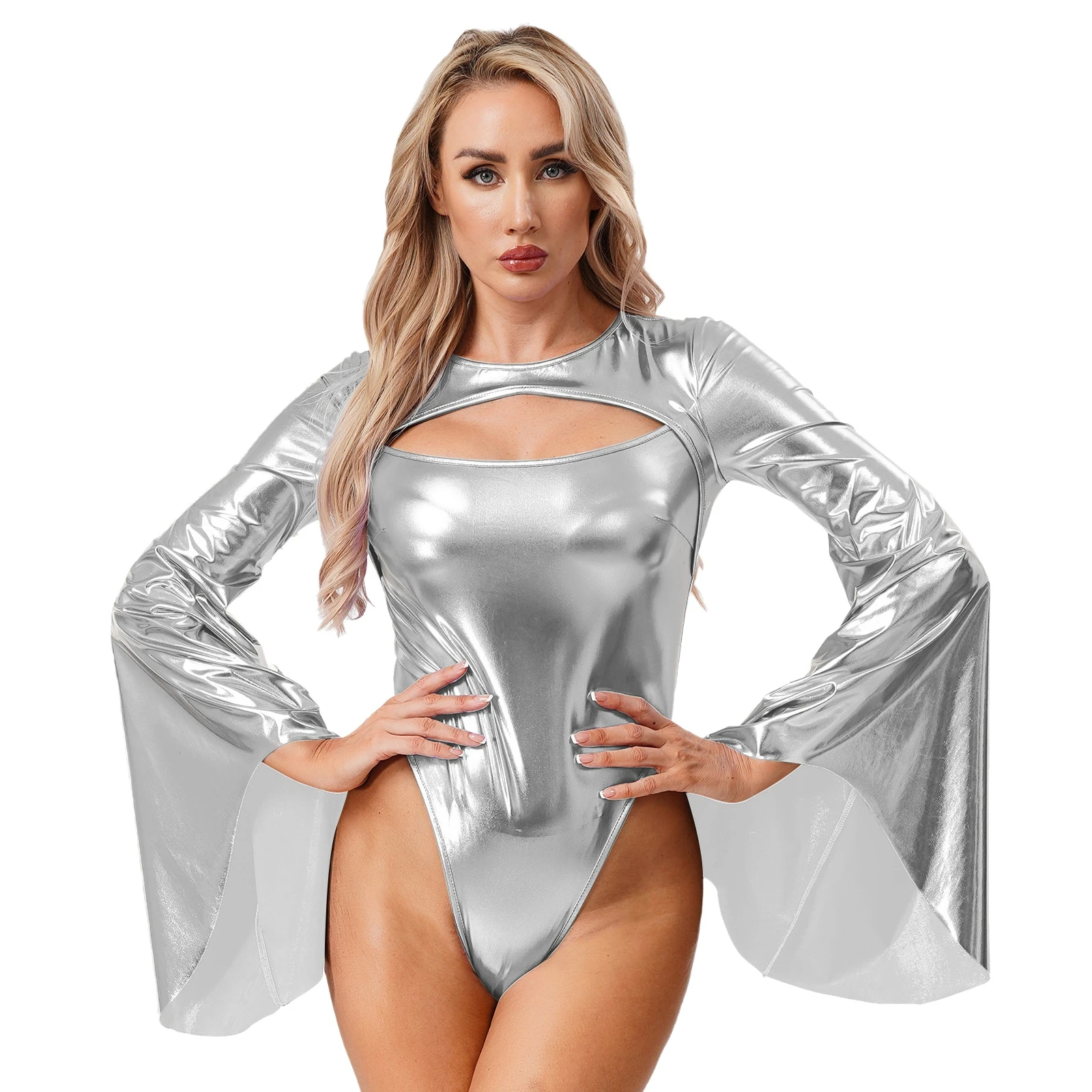 

Women Flared Sleeves Metallic Disco Party Pole Dancing Leotard Cutout Front Bodysuit for Halloween Theme Party Carnival Club