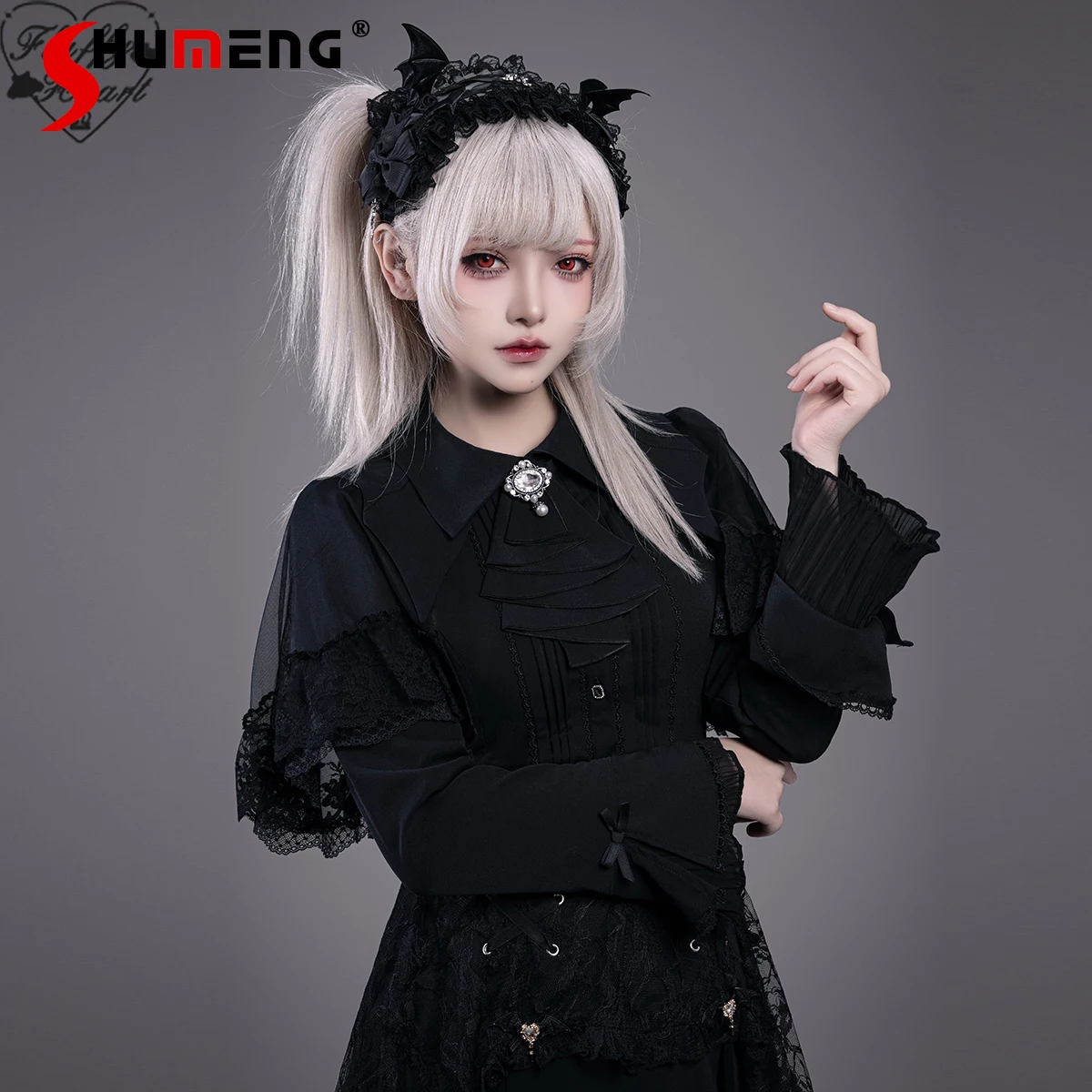 

Japanese Style Elegant Retro Gothic Polo Collar Long Sleeve Lace Cape Single-Breasted Casual Versatile Black Shirt Top for Women