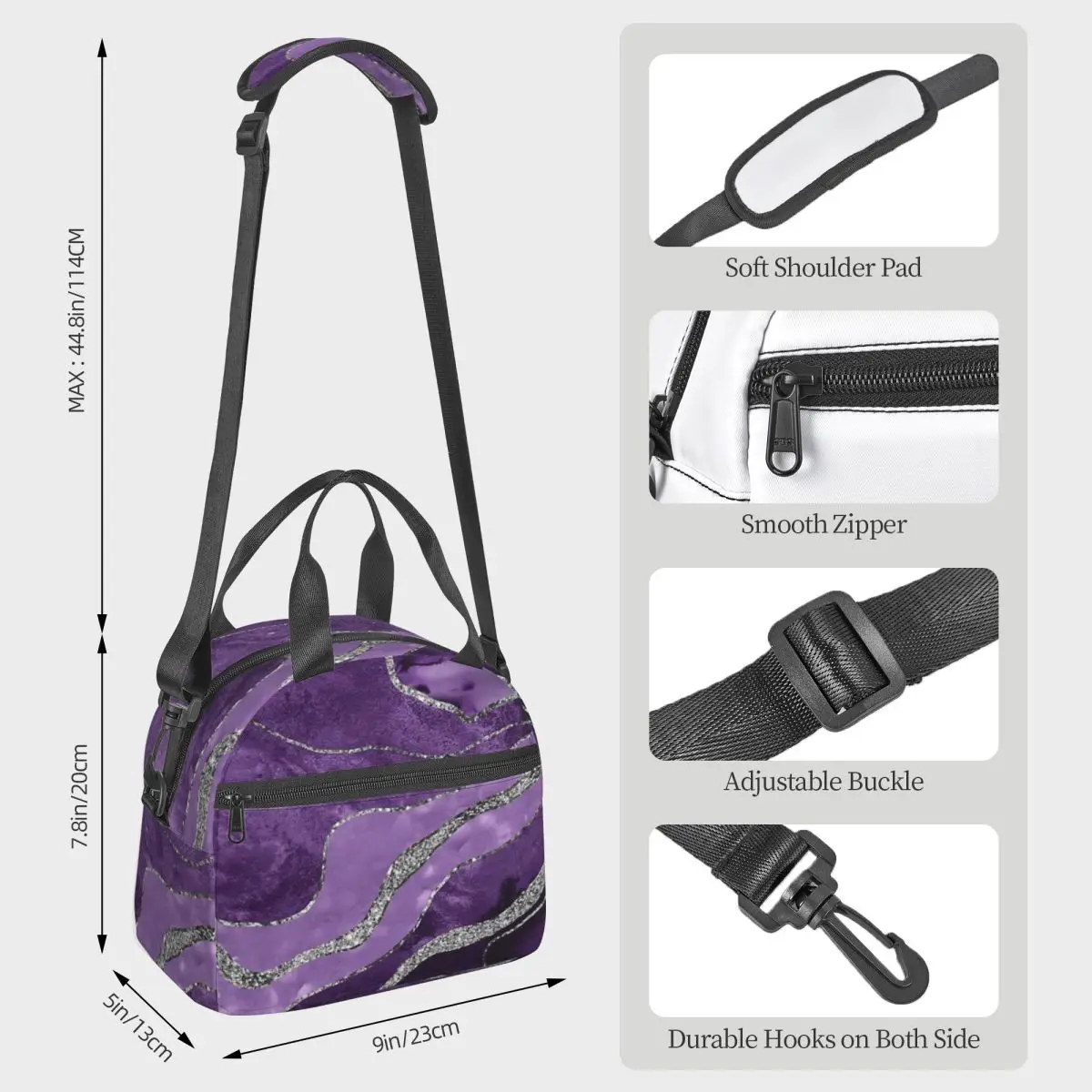 Purple Marble Agate Silver Glitter Insulated Lunch Bag for Kids School Cooler Thermal Box Tote Leakproof Lunch Boxes