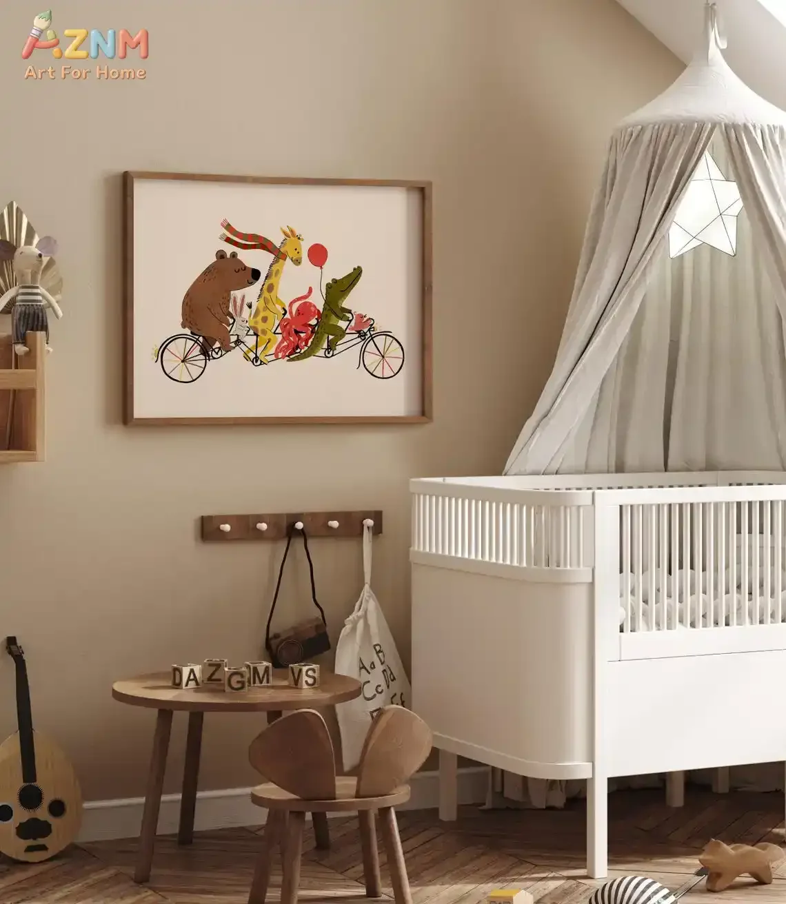 AZNM Cartoon Animal Tandem Bike Canvas Print, Bear Giraffe Crocodile Octopus Illustration Unframed Canvas Painting, Baby Nursery