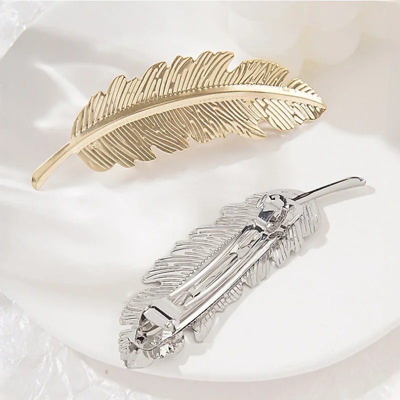 Women Hairpin Spring Clip Fashion Metal Leaf Shape Hair Clip Gold Silver Color Feather Shape Barrettes Hair Styling Tool