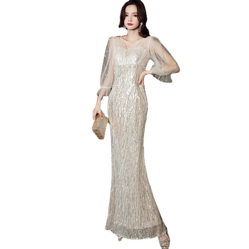 Ele Sexy Sequin 2024 New Long Evening Gown Golden Color Women's High-End Aosphere  Lady Year Conference Par Dr