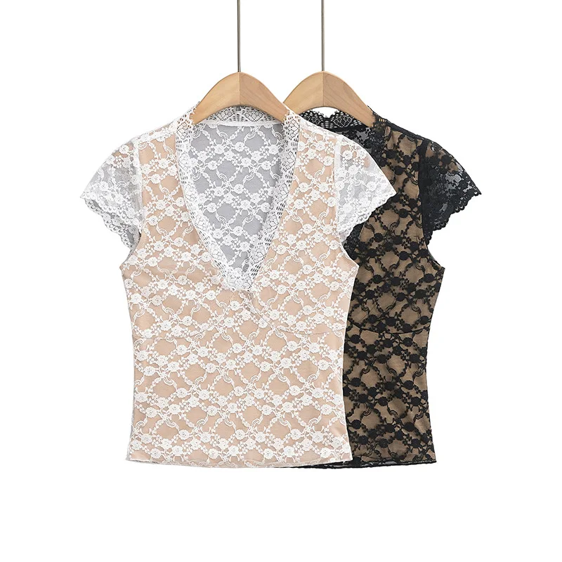 Purely Alluring Hot Girl Sexy Lace V-Neck Long Sleeve T-Shirt for Women 2025 Spring New Slim Fit Short Top   8I75