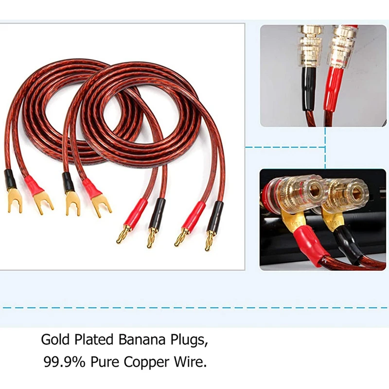 Hifi OFC Speaker Cable With Banana Plug To Y Spade Plug, 4Mm Banana Plug To Fork Plug Speaker Wire Cord Jumper Cable