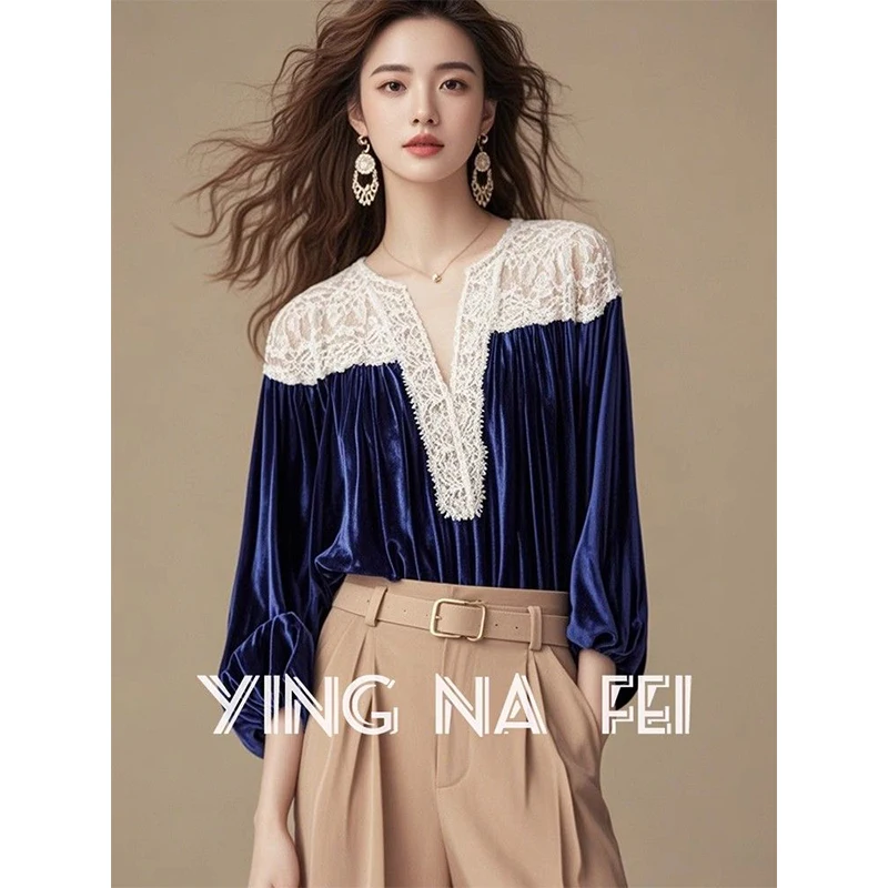 

Women Spring Autumn Lace Patchwork V-neck Temperament Solid Color Shirts Ladies Fashion Office Lady All-match Long Sleeve Tops