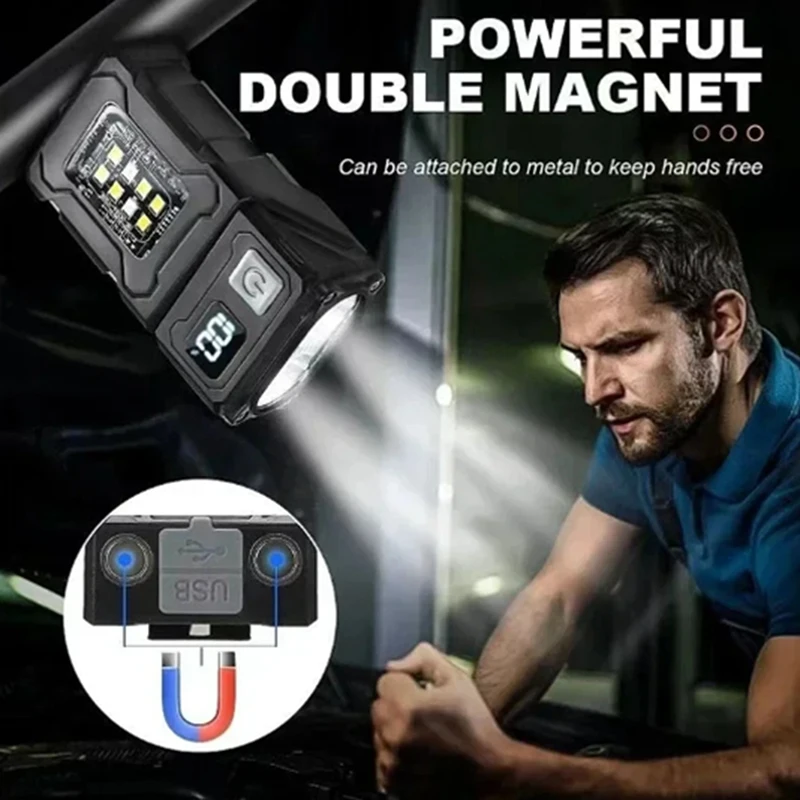 【Popular】MINI USB Rechargeable LED Flashlight Portable Tail Magnet Flashlight Bright Camping Lantern Side COB Emergency Light