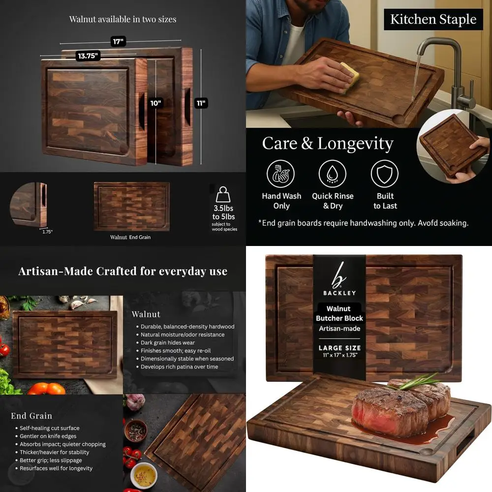 

Walnut Kitchen Cutting Board - Non-Toxic, 11x17x1.75, Juicy Groove & Handles, Charcuterie Board