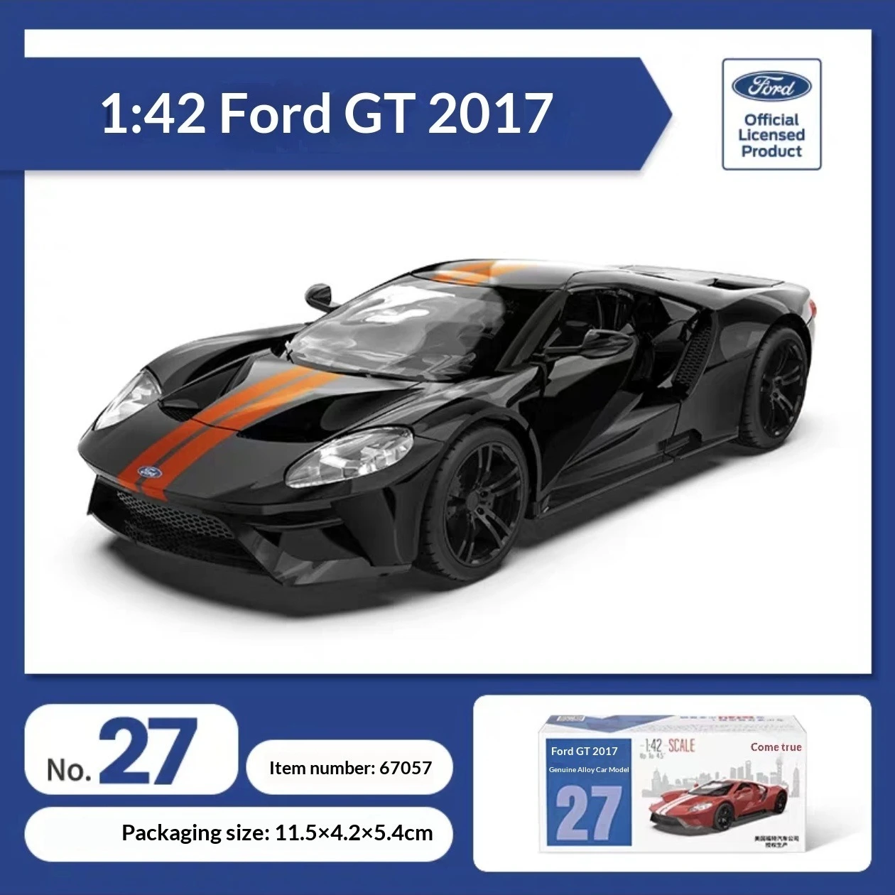 

1:42 Ford GT 2017 alloy car, doors can open, friction drive, for collection and play, holiday gift
