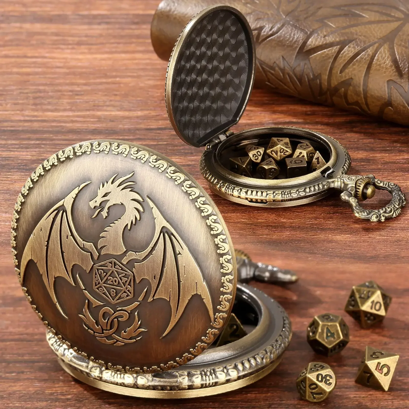 Dnd תיבת תכשיטים שעון כיס במקרה רטרו דרקון קוביות שעון כיס במקרה עם שעון קוביות שרשרת 39 ס 