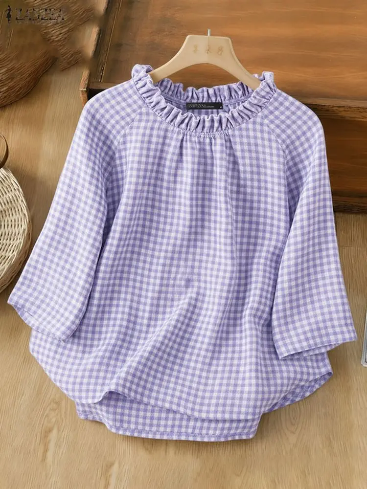 ZANZEA Vintage Women's Fashion Blouse Plaid Shirts Round Neck 3/4 Sleeve Casual Tops Autumn Print Famale Clothing Korean Blusas