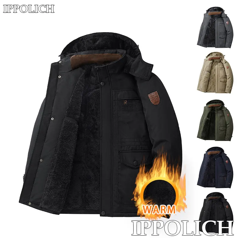Dicker Mantel für den Winter, Outdoor, Laufen, Sport, winddicht, warm, Fleece, mit Kapuze, Cargojacke, Herren, abnehmbare Kapuze, dicke warme Fleecejacke