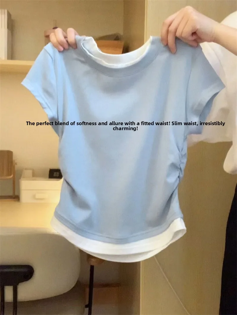 

Женская футболка с коротким рукавом в корейском стиле, сладкая и пикантная, приталенная, укороченная, базовая, для лета, для повседневной носки, из смесового хлопка