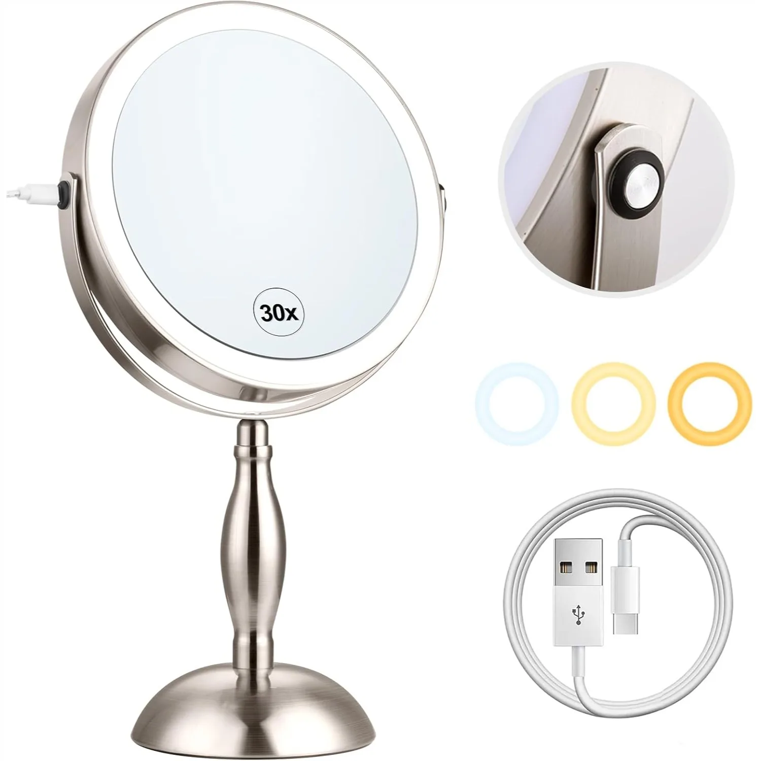 

Lighted Makeup Mirror with 30X Magnification, 3 Color Lights, 5000mAh Rechargeable Vanity Mirror, Brushed Nickel, 360° Rotation