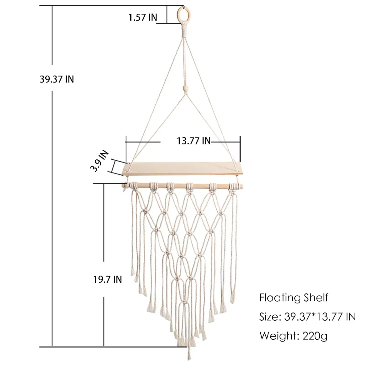 Makramee-Wandregal zum Aufhängen, schwebendes Wandregal, Boho-Heimdekoration, Regale, Wand, Holzdekoration für Schlafzimmer, Wohnzimmer, Kinderzimmer, Geschenk – Detail 7