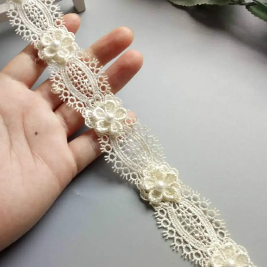 2 Yard Ivory Luxury Lace Fabric Pearl Organza Tulle 3D Beads Flowers Embroidery Ribbon Trim Edge For DIY Sewing Neckline Decor